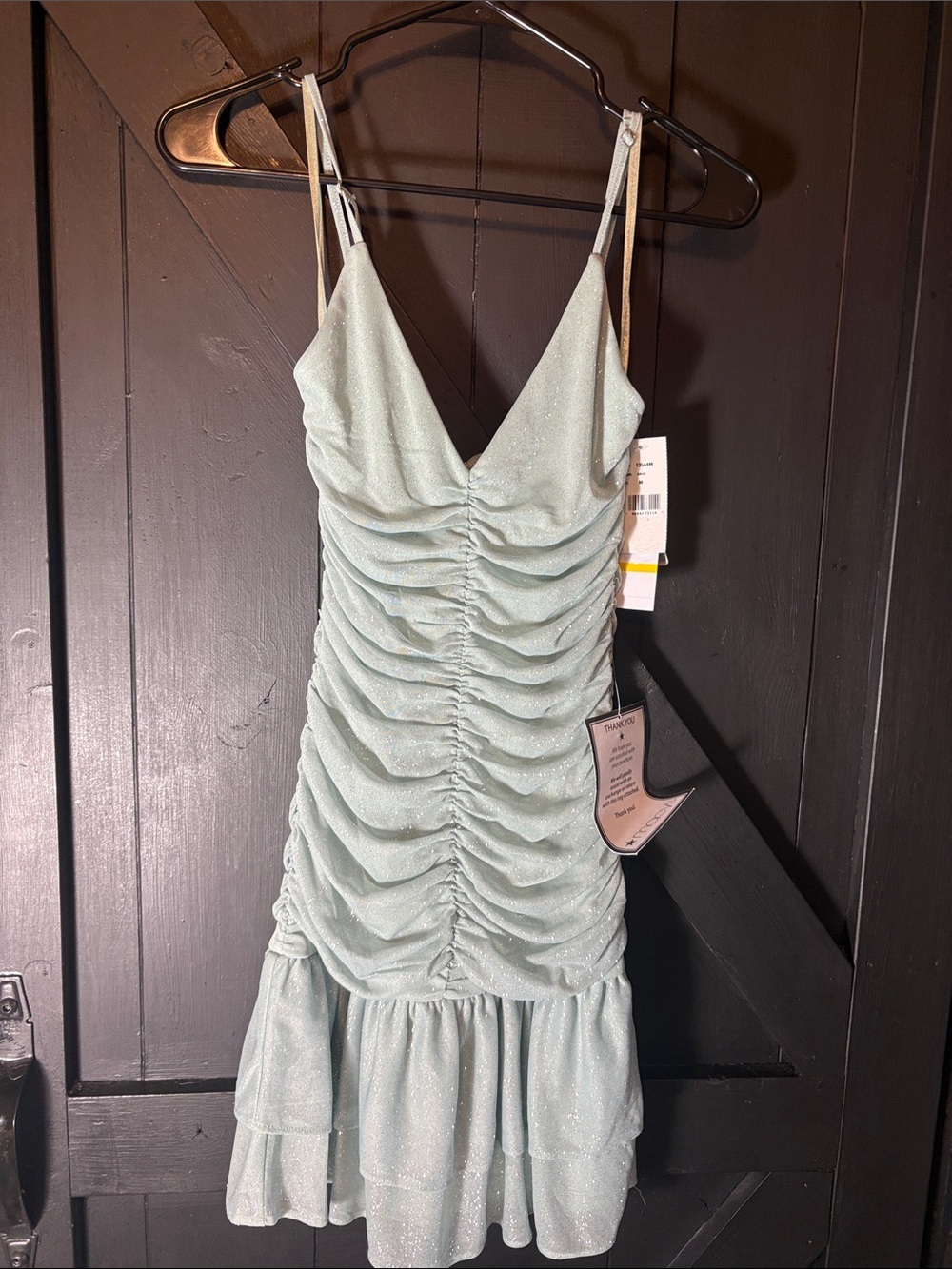 Jump Shimmery Mint Ruched Mini Dress with Ruffle Hem - Picture 6 of 8